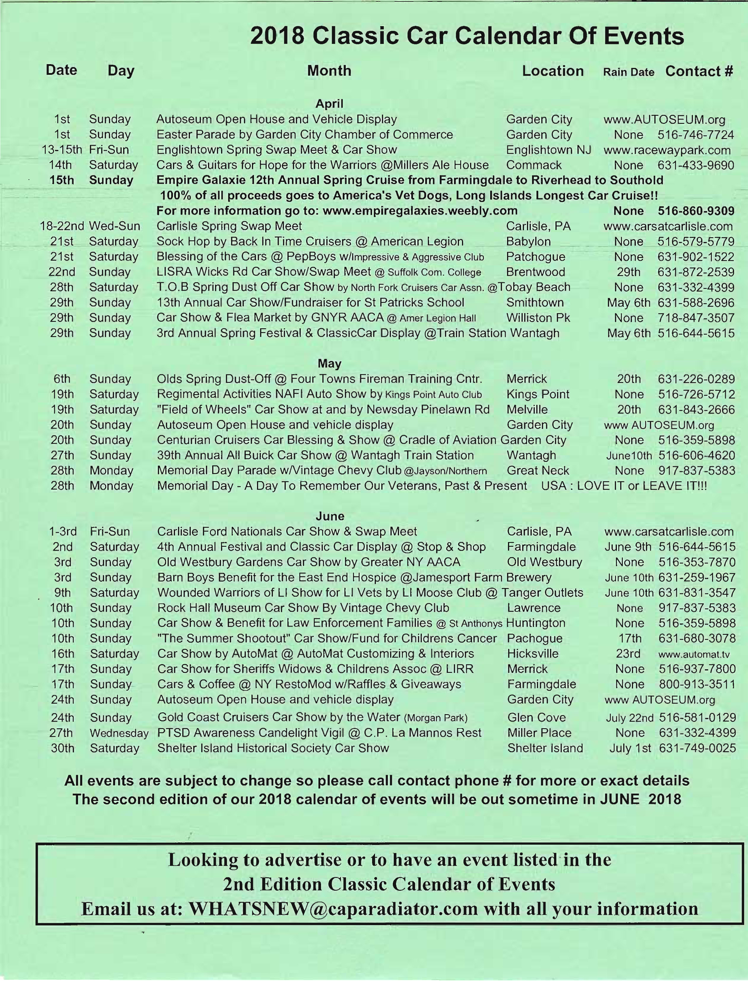 2018 Classic Car Calendar of Events First Edition through July Page 2